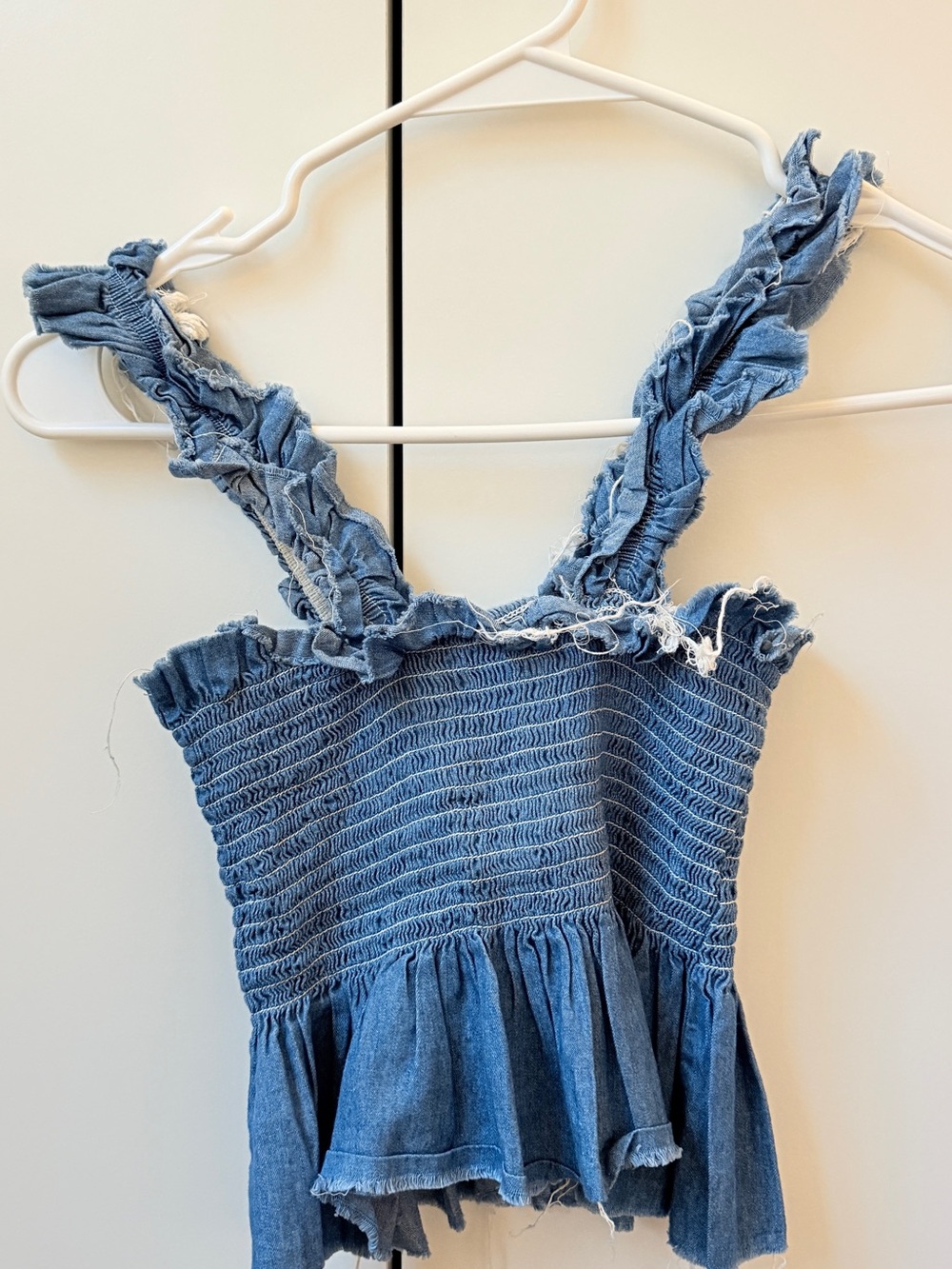 LF Blue Smocked Denim Tank with Ruffled Straps